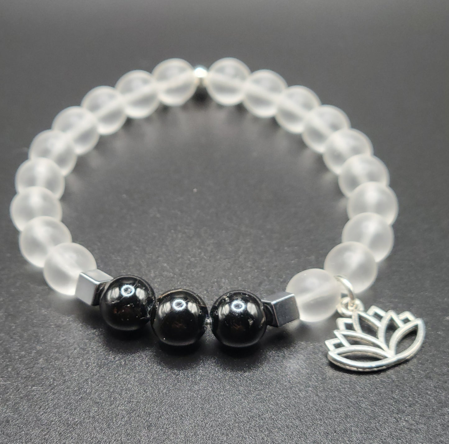 Obsidian and Matte Clear Quartz Gemstone Bead Bracelet