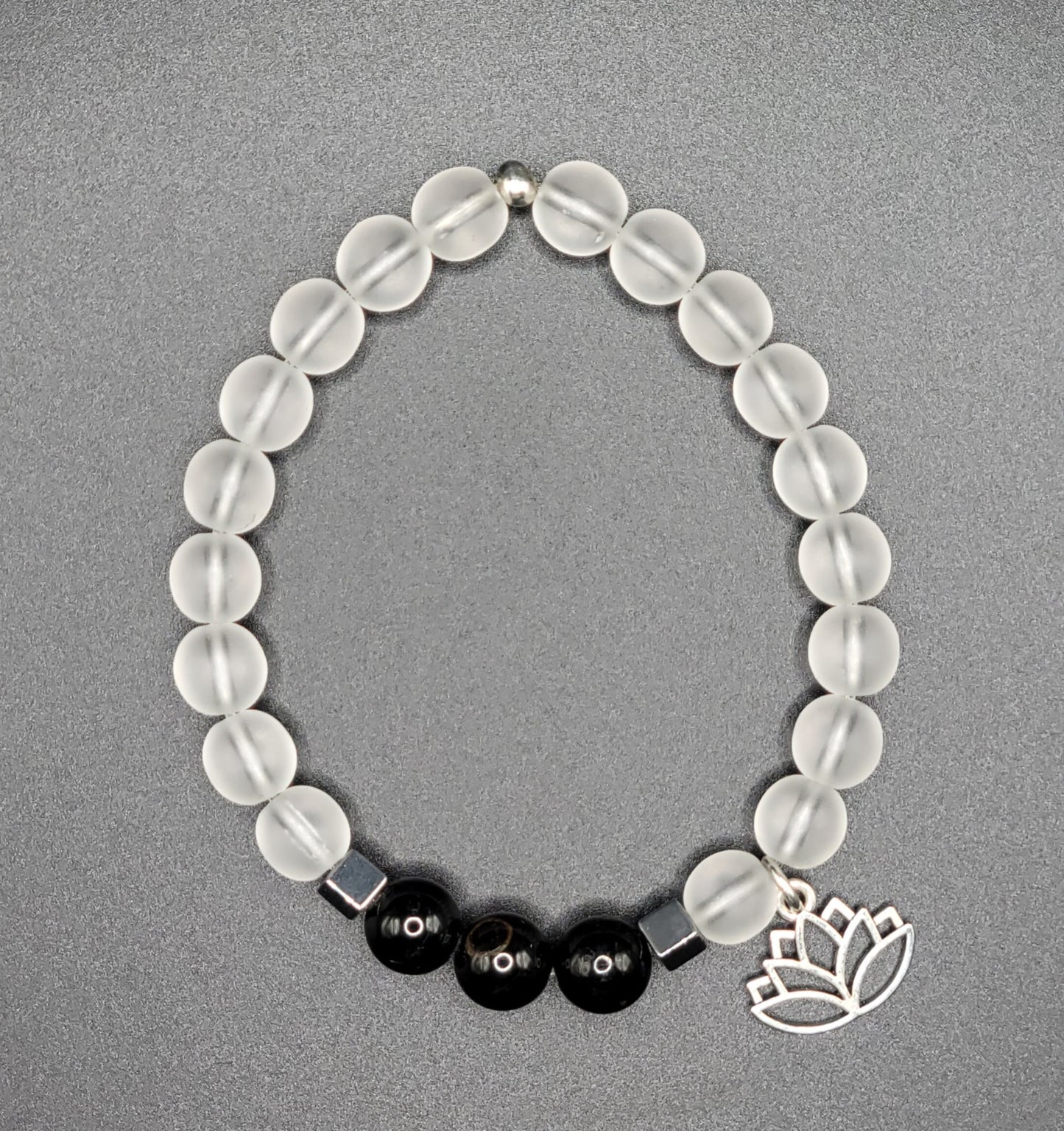 Obsidian and Matte Clear Quartz Gemstone Bead Bracelet