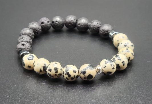 Dalmation Jasper and Black Lava Gemstone Bracelet