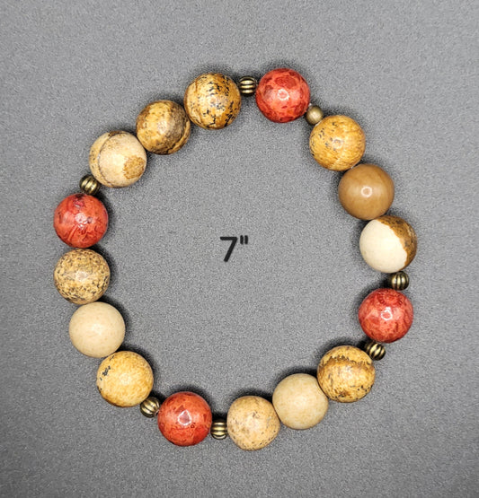 Picture Jasper and Burnt Orange Glass Gemstone Bead Bracelet