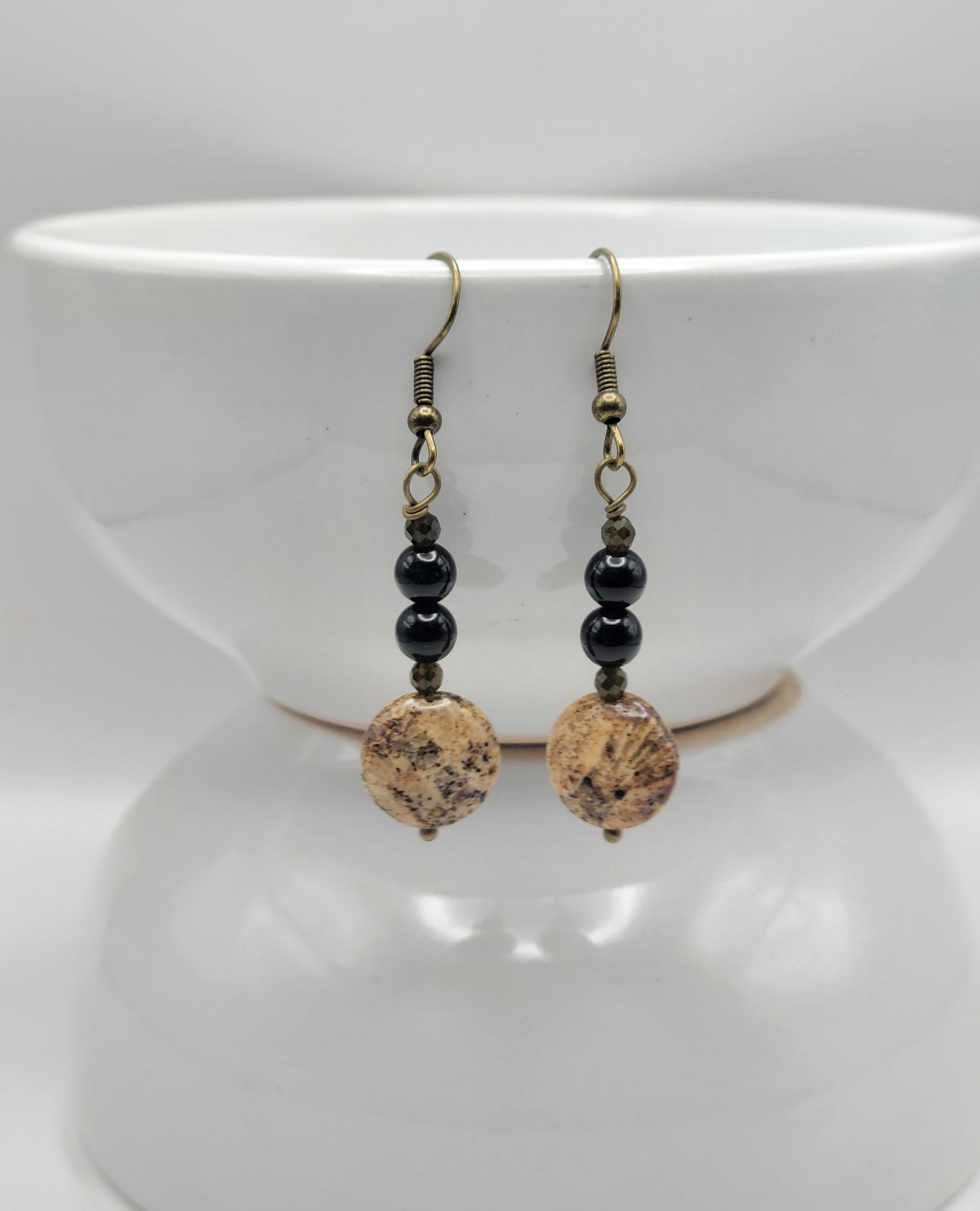 Pietersite Stone, Black Tourmaline and Jasper Drop Earrings