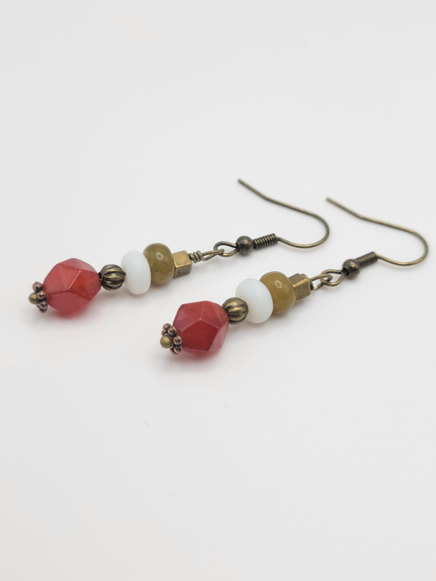 Carnelian, Moonstone and Pea Green Jade Drop Earrings