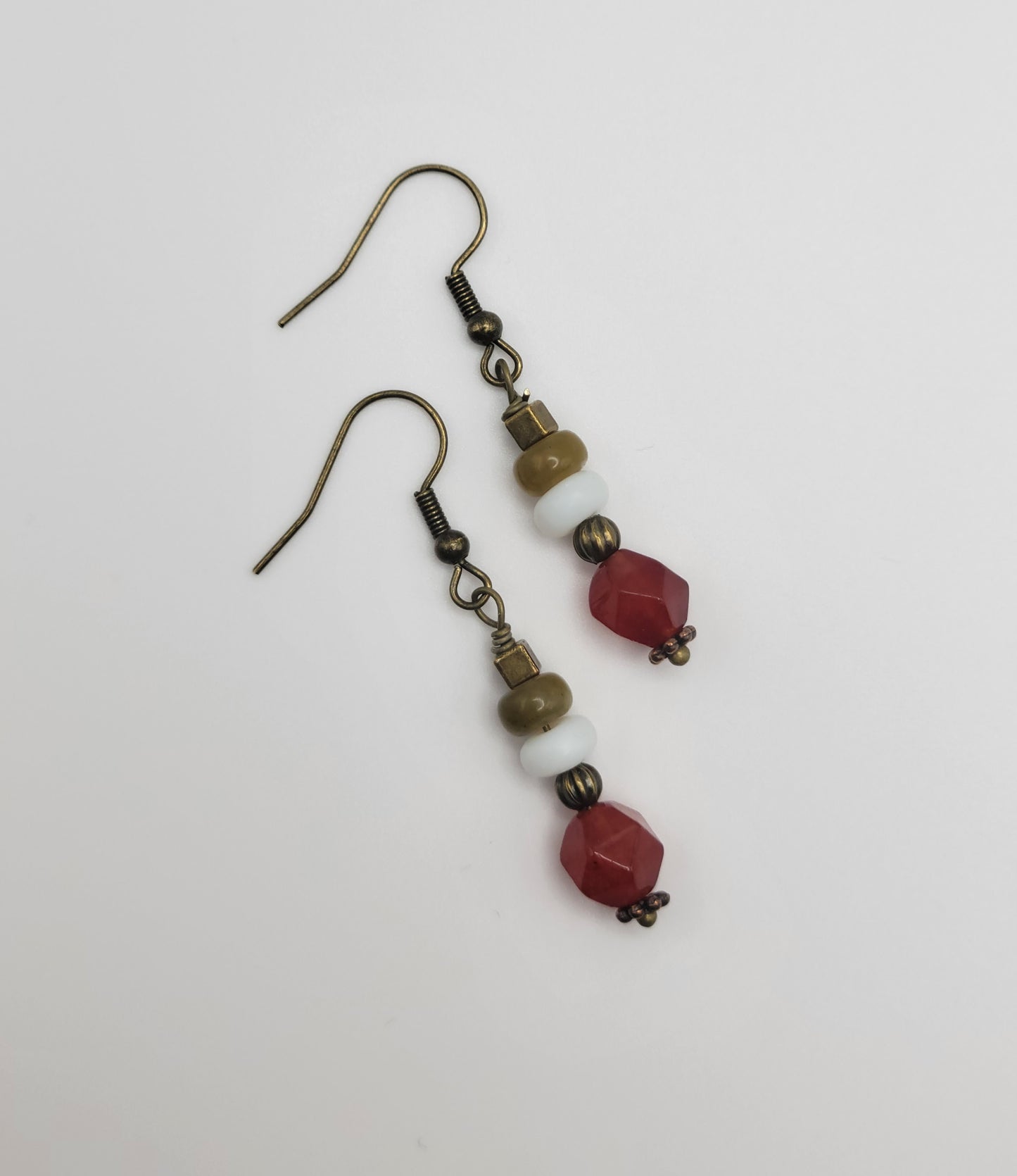 Carnelian, Moonstone and Pea Green Jade Drop Earrings