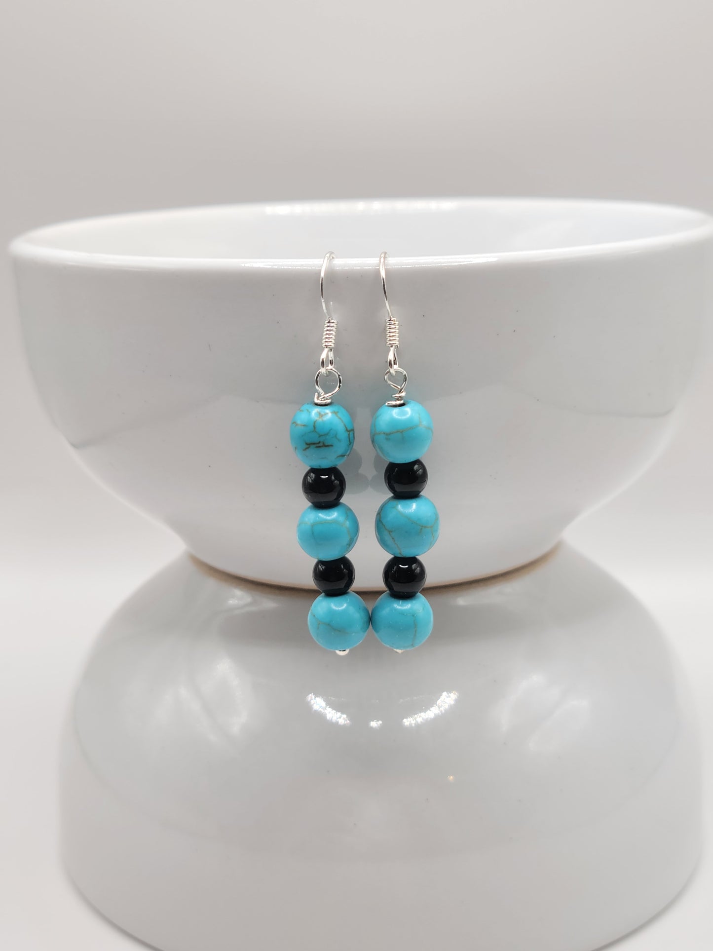 Blue Howlite and Black Tourmaline Drop Earrings