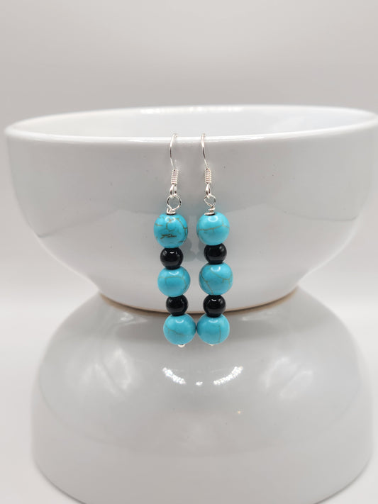 Blue Howlite and Black Tourmaline Drop Earrings