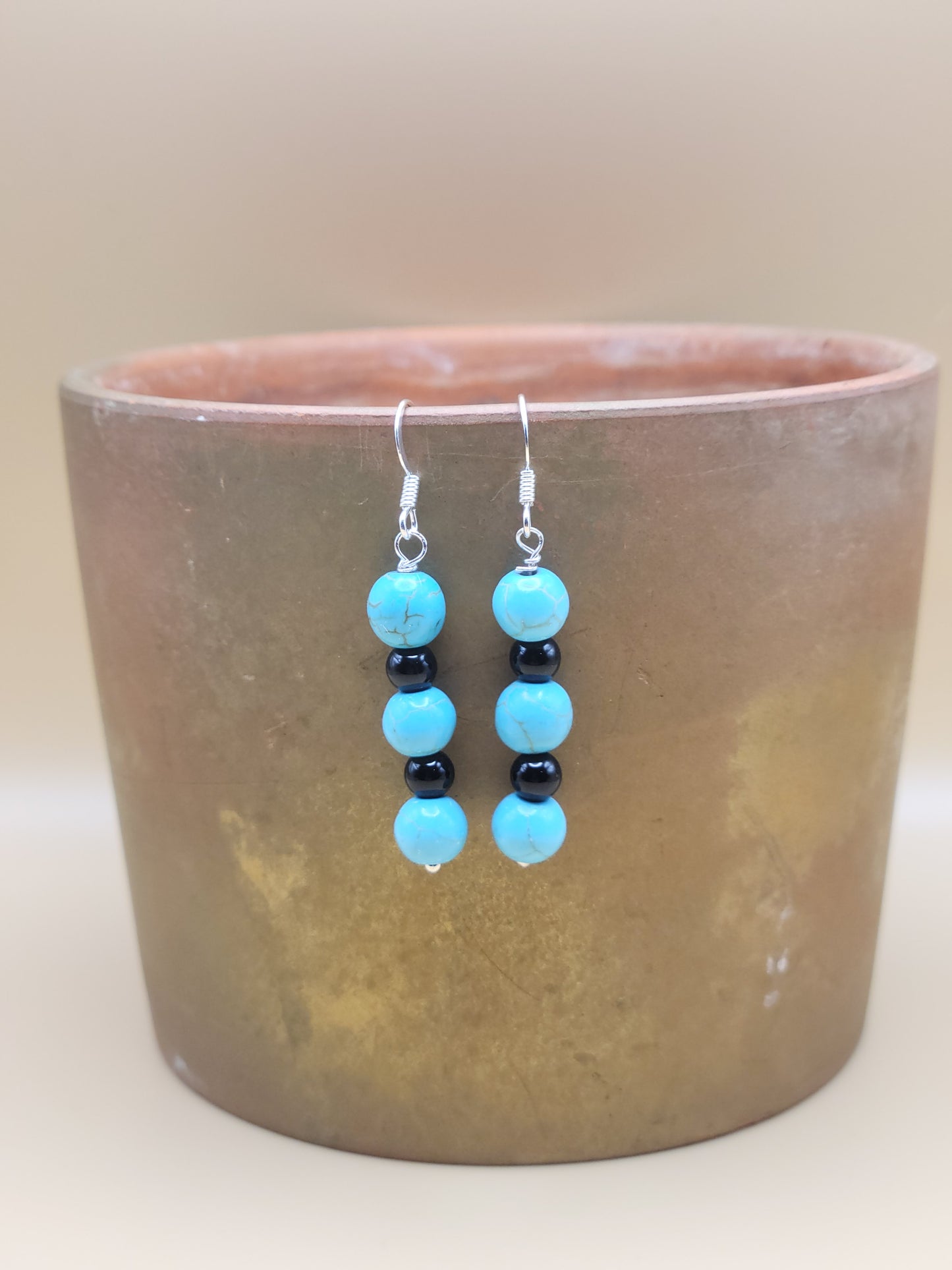 Blue Howlite and Black Tourmaline Drop Earrings