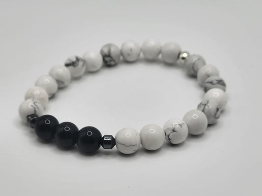 White Howlite and Black Tourmaline Gemstone Bracelet