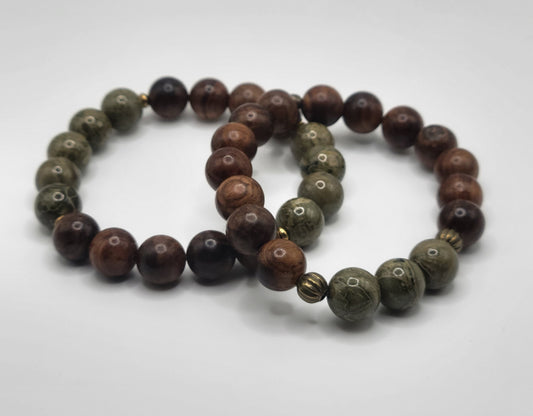 Rainforest Jasper Gemstone and Natural Wood Bead Bracelet