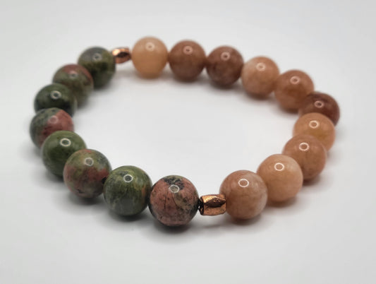 Sunstone and Unakite Gemstone Bead Bracelet