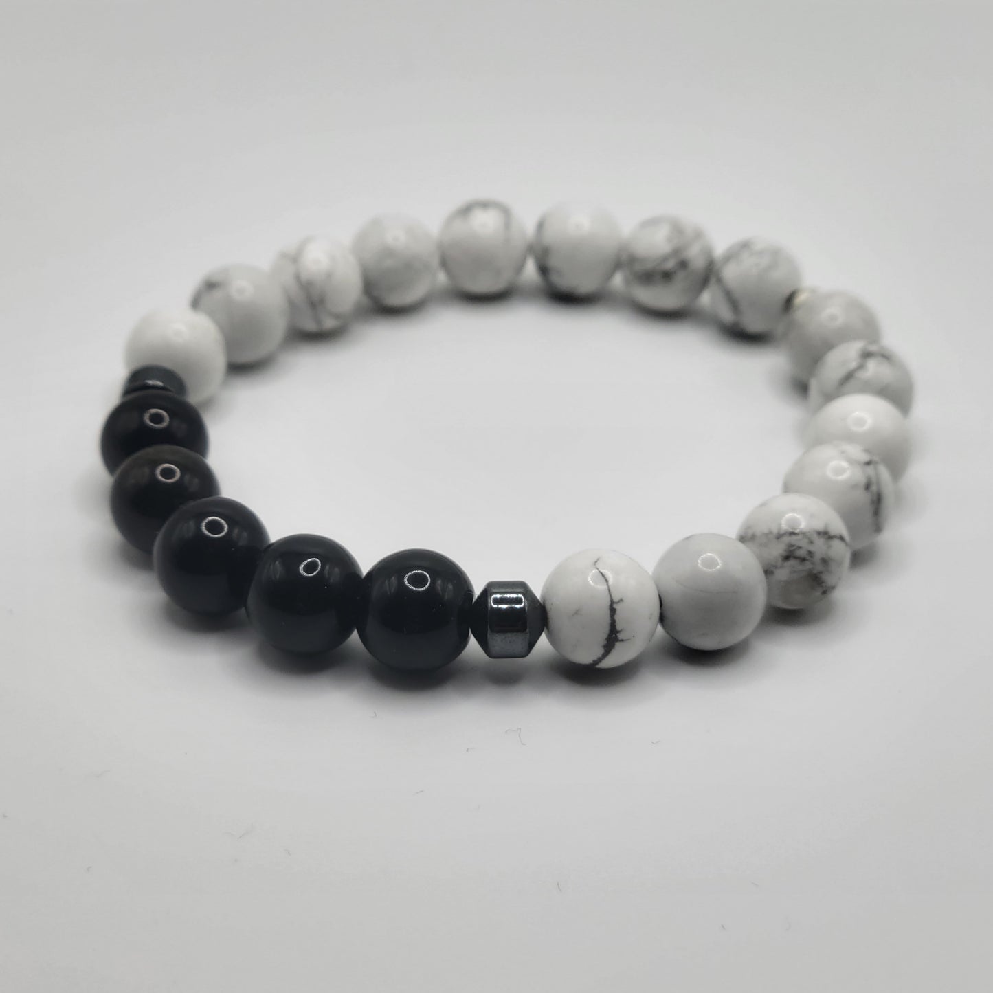 White Howlite and Black Tourmaline Gemstone Bead Bracelet