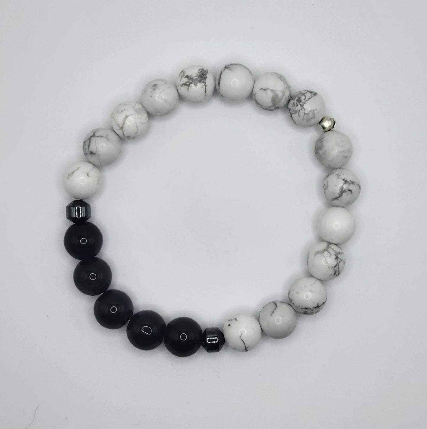 White Howlite and Black Tourmaline Gemstone Bead Bracelet