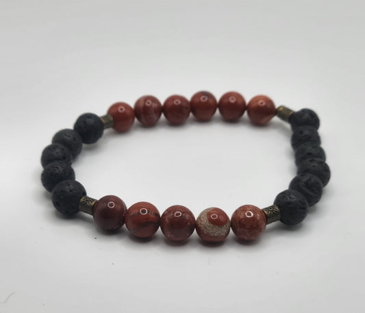 Red Poppy Jasper and Black Lava Gemstone Bead Bracelet