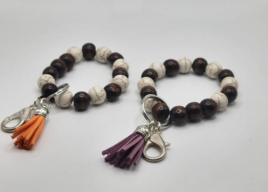 Brown Howlite and Natural Wood Bead Key Chain Bracelet