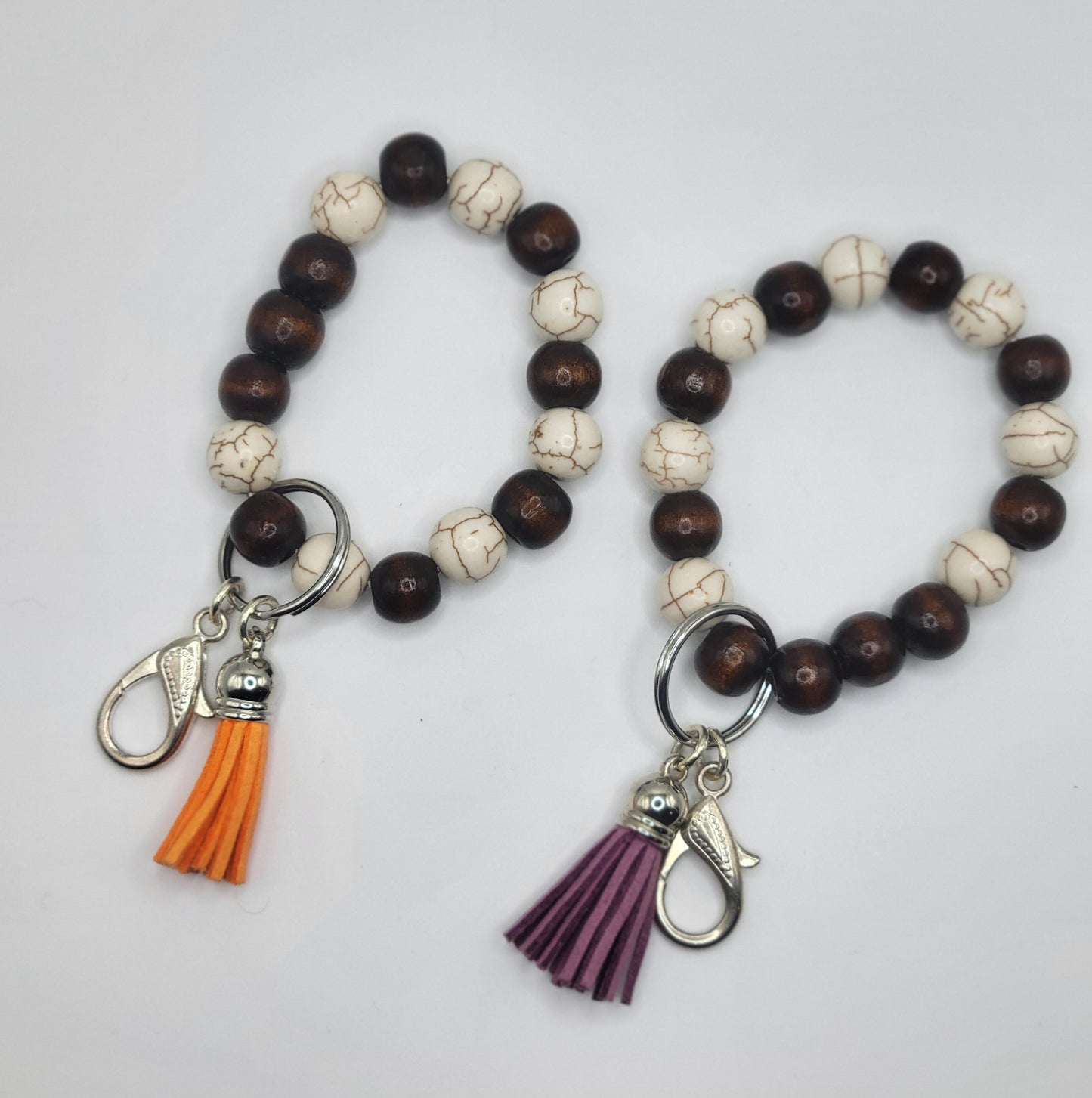 Brown Howlite and Natural Wood Bead Key Chain Bracelet