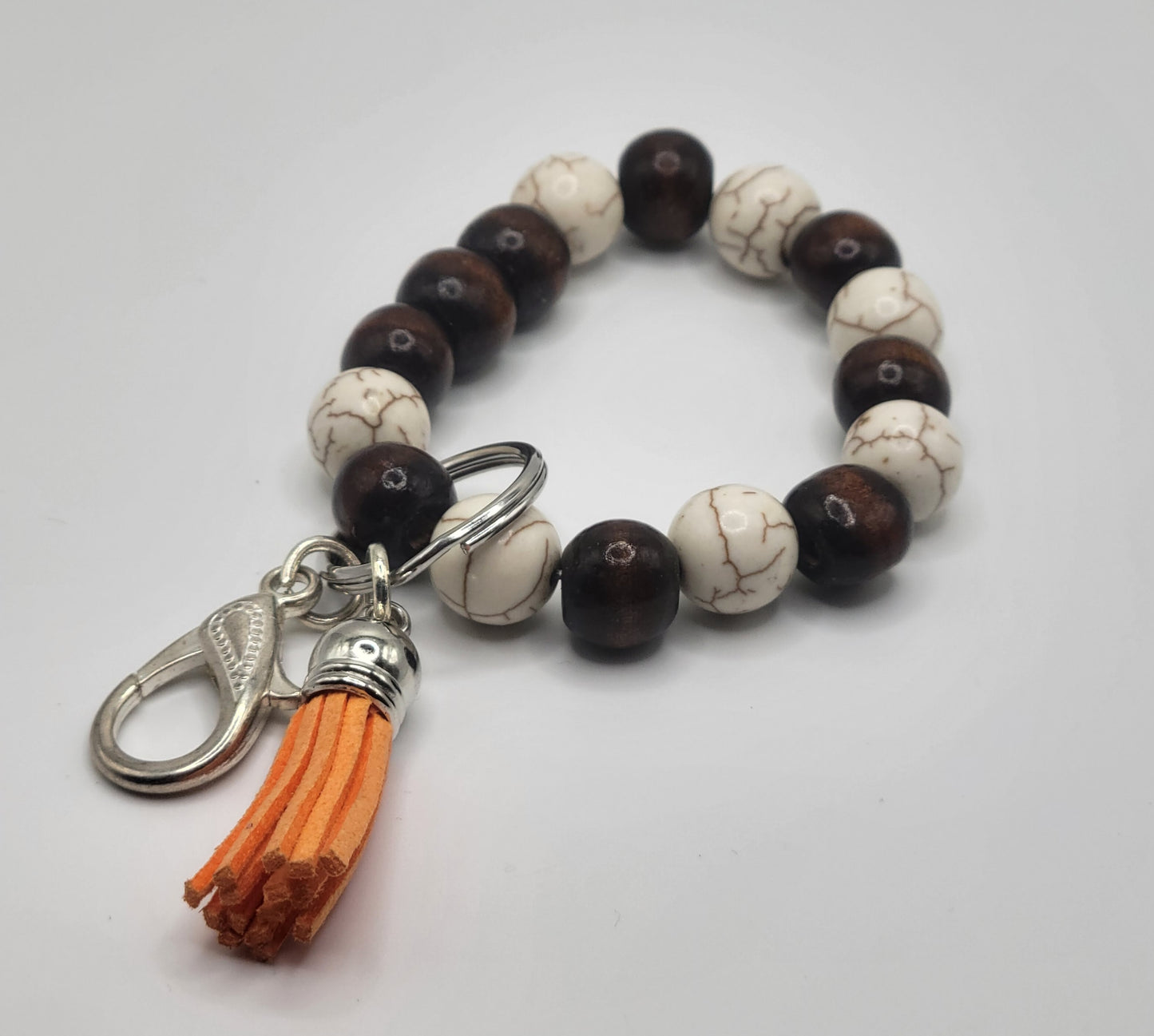 Brown Howlite and Natural Wood Bead Key Chain Bracelet