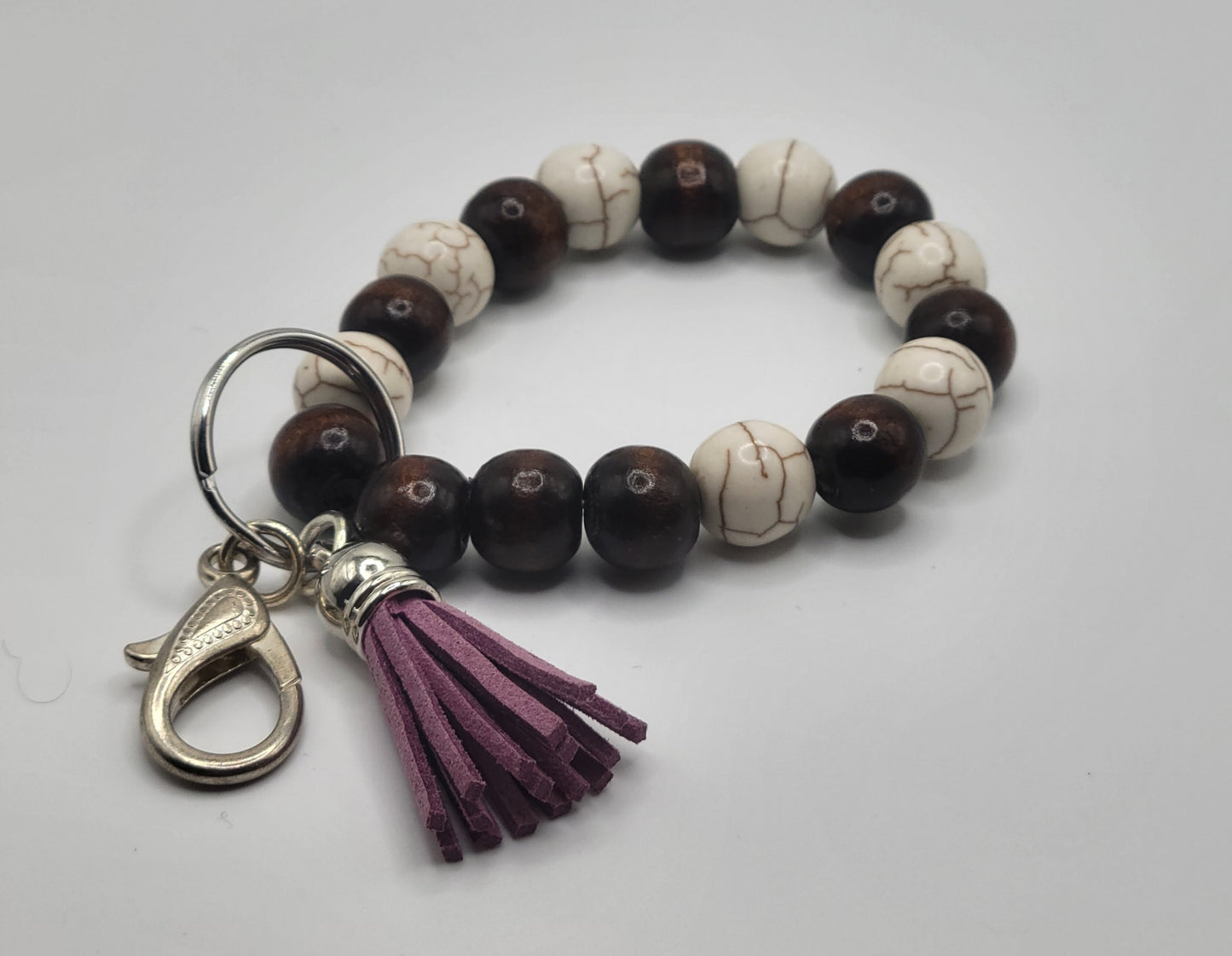 Brown Howlite and Natural Wood Bead Key Chain Bracelet